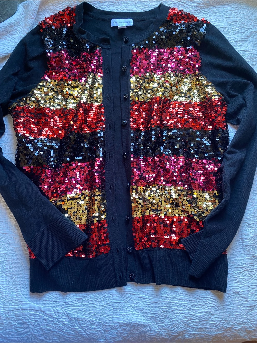 Charter Club Black Cardigan with Red, Gold & Pink Sequin Stripes